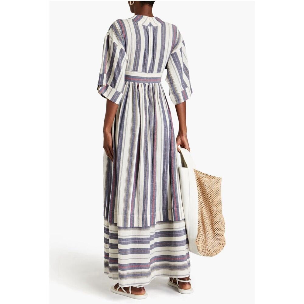 Three Graces London Ferrer Tan Blue Red Stripe Short Cuff Sleeve V-Neck Dress 10 - Picture 2 of 16